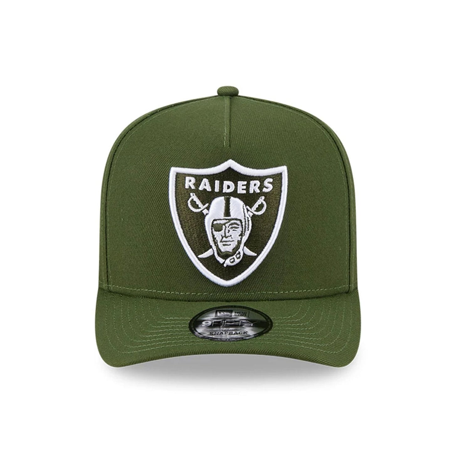 Pictured is this NFL Rifle Green Las Vegas Raiders 9FIFTY A-Frame Snapback cap in dark green. 3