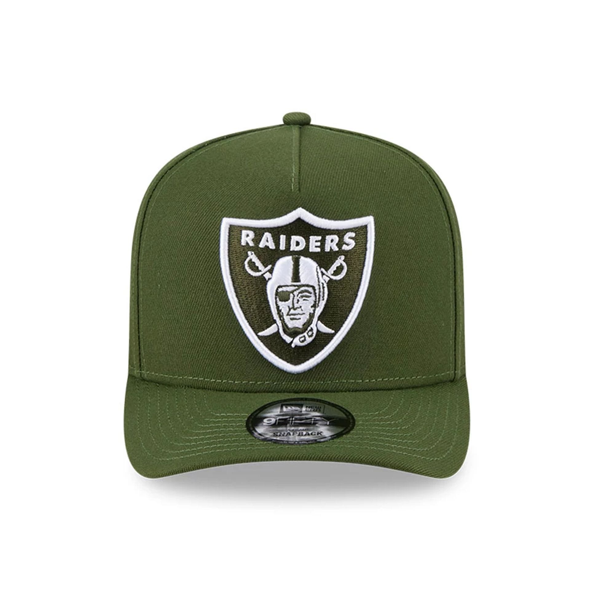 Pictured is this NFL Rifle Green Las Vegas Raiders 9FIFTY A-Frame Snapback cap in dark green. 3