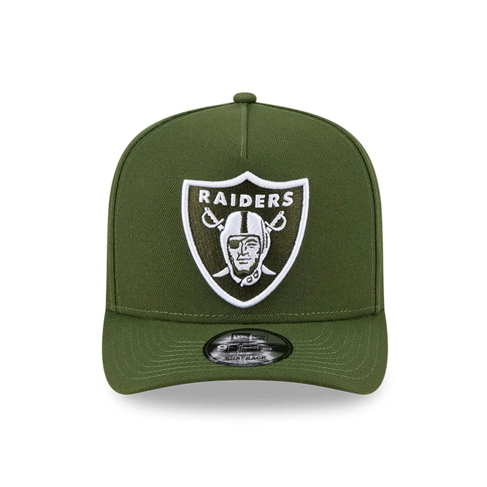 Pictured is this NFL Rifle Green Las Vegas Raiders 9FIFTY A-Frame Snapback cap in dark green. 3