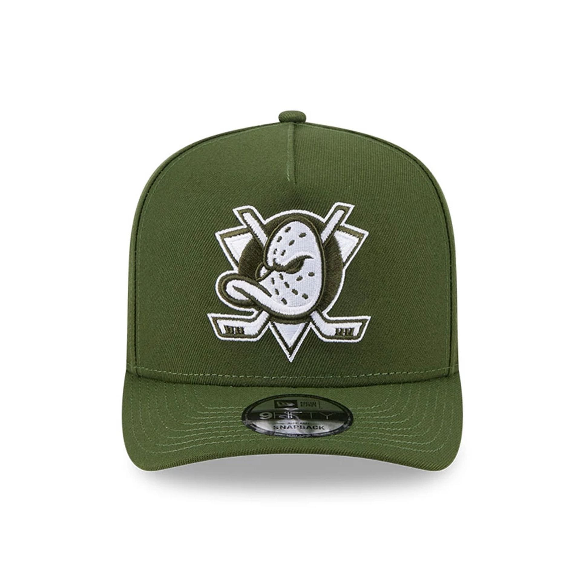 Pictured is this NHL Rifle Green Anaheim Ducks 9FIFTY A-Frame Snapback cap in dark green. 3