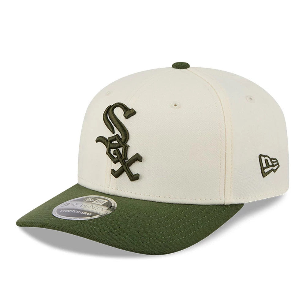 Pictured is this MLB Rifle Green Chicago White Sox 9SEVENTY Stretch Snap cap in white. 1