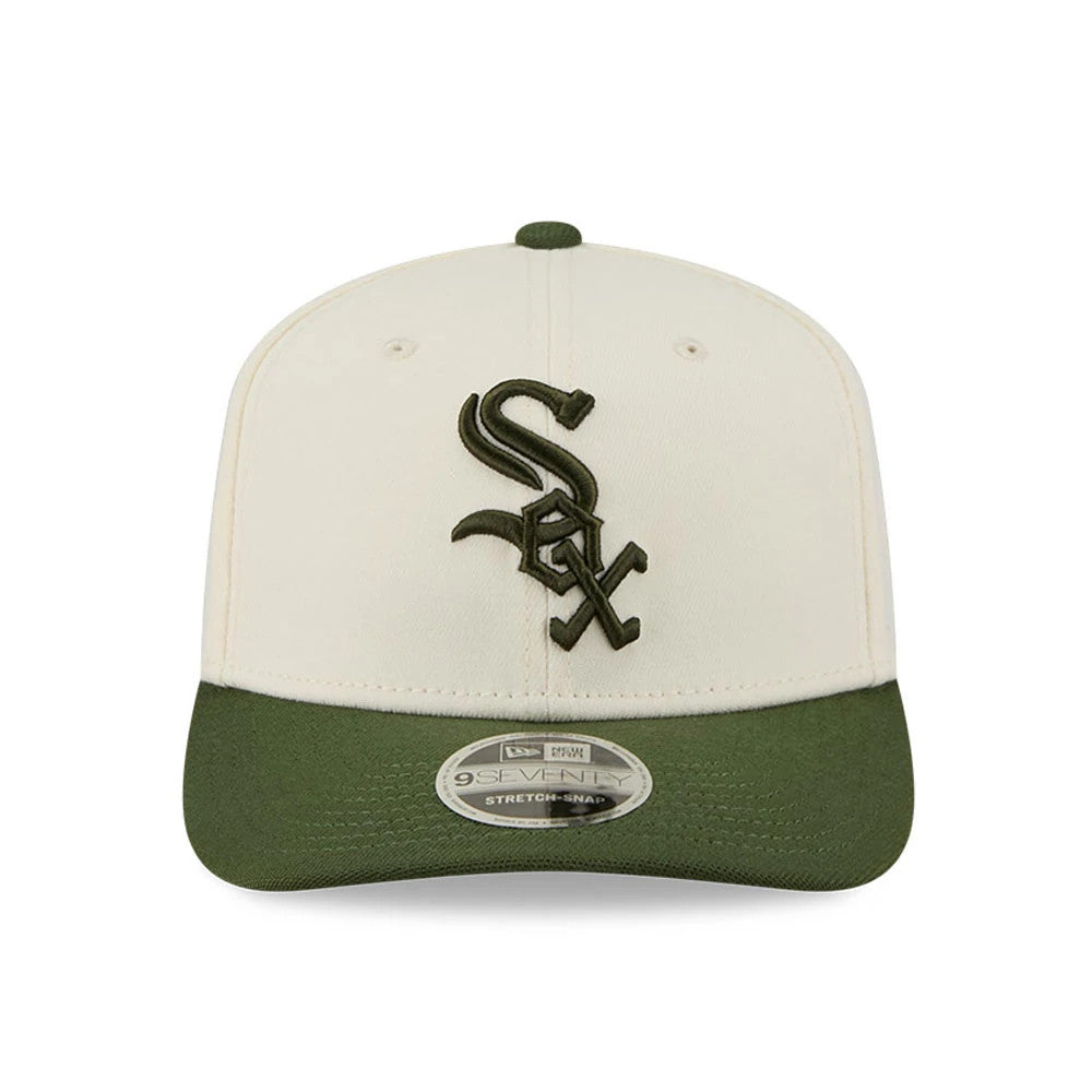 Pictured is this MLB Rifle Green Chicago White Sox 9SEVENTY Stretch Snap cap in white. 3