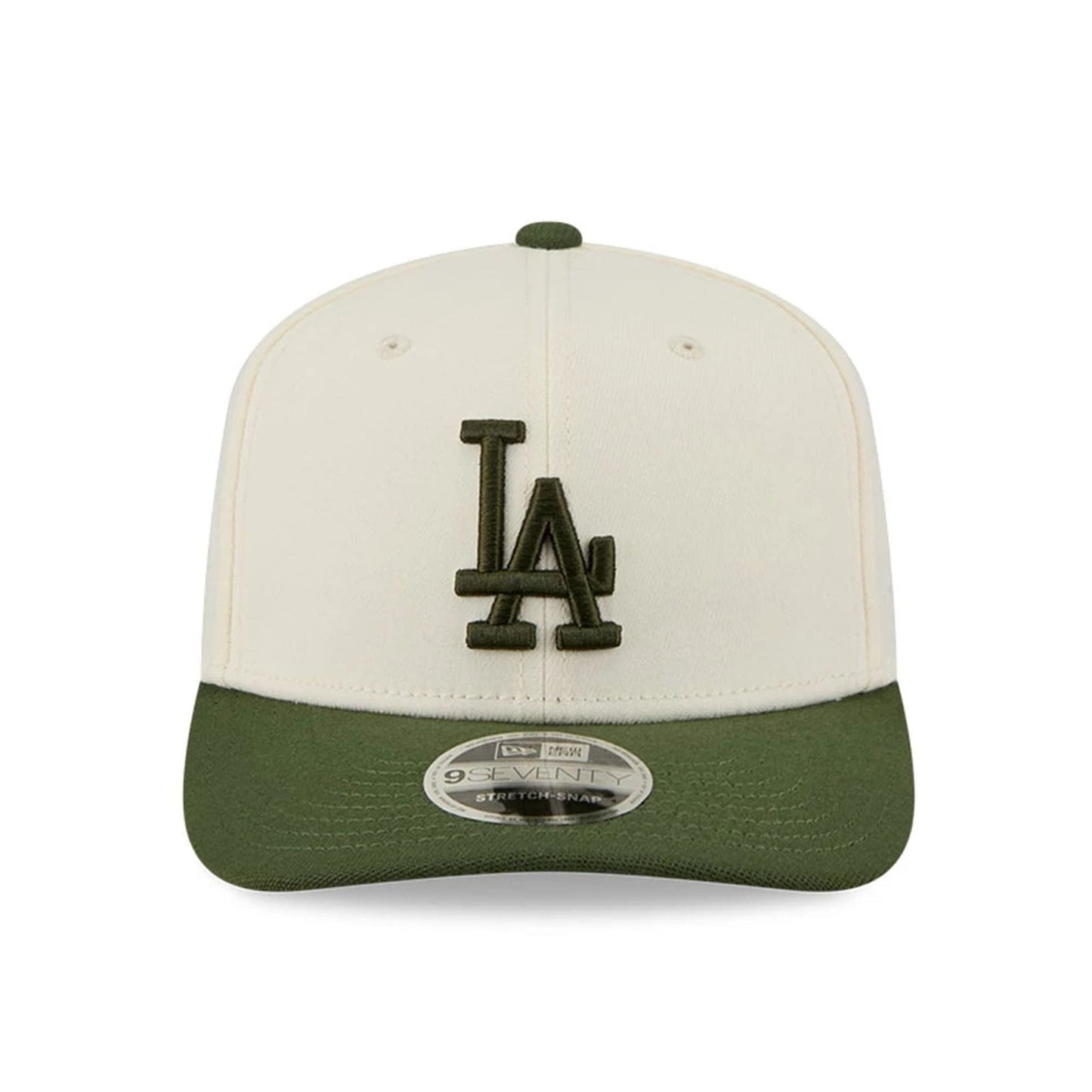Pictured is this MLB Rifle Green LA Dodgers 9SEVENTY Stretch Snap cap in white. 3