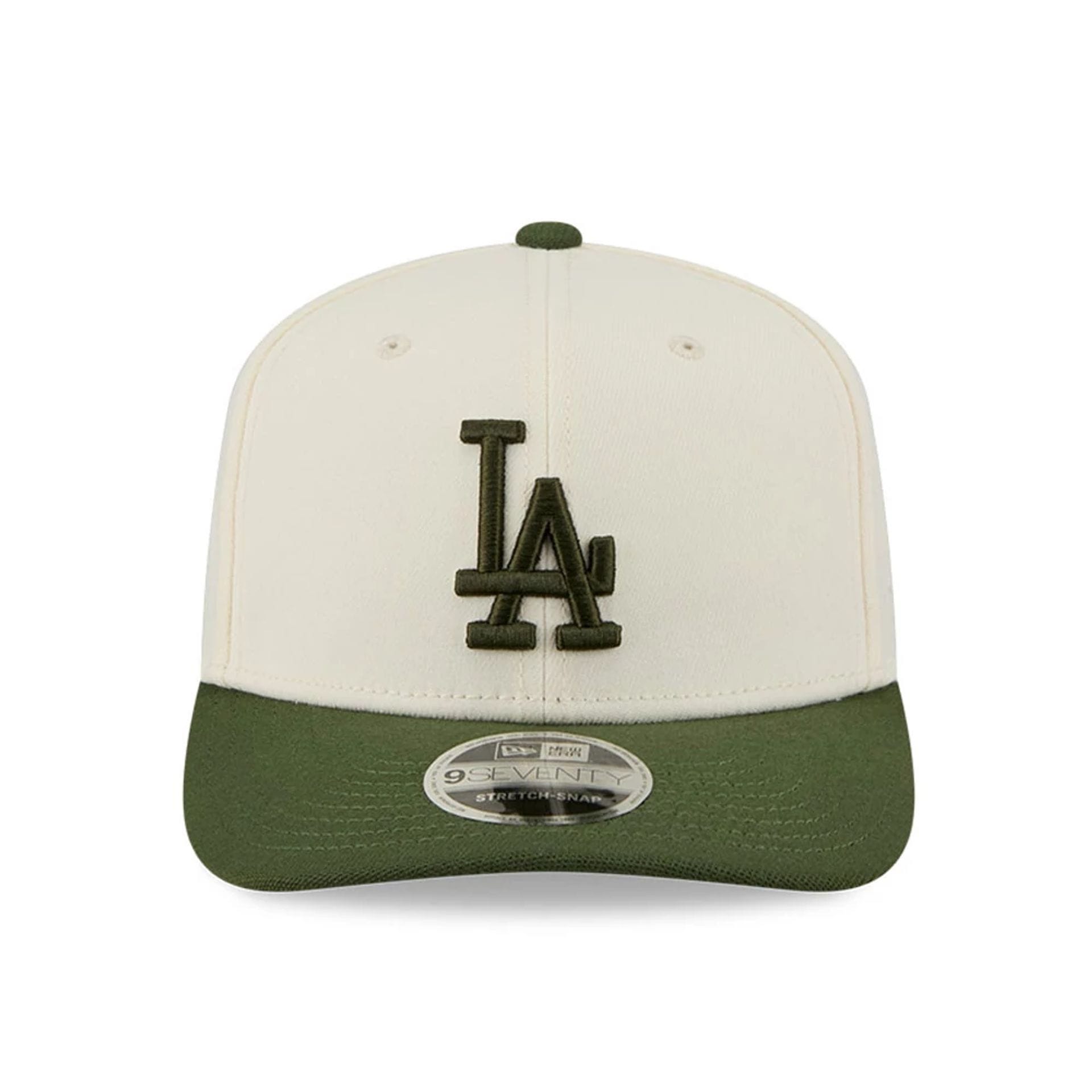Pictured is this MLB Rifle Green LA Dodgers 9SEVENTY Stretch Snap cap in white. 3