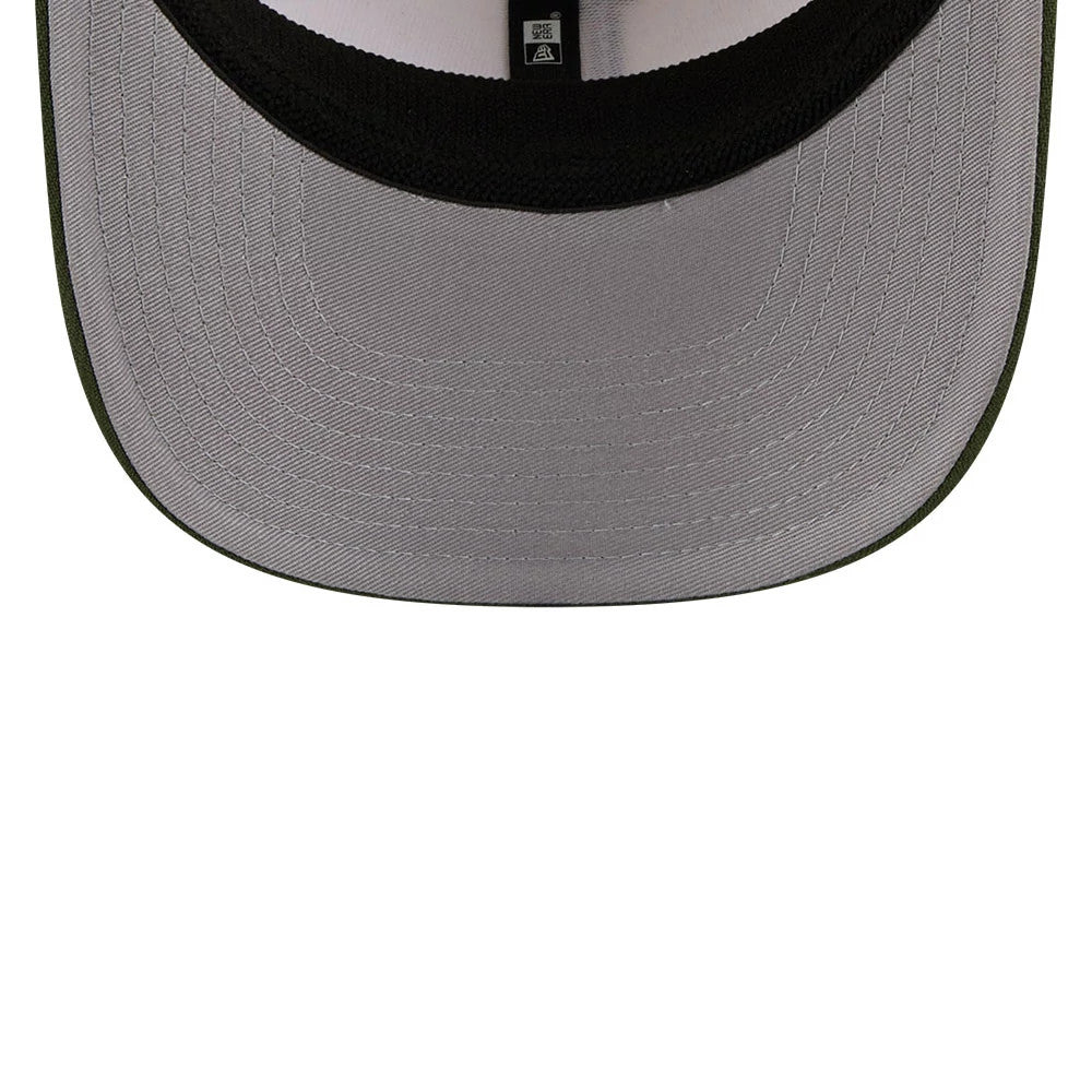 LA Dodgers MLB Rifle Green New Era 9SEVENTY Stretch Snap Adjustable Cap, inside view showing the grey undervisor, black sweatband, and branded taping running along the centre, all set against the rifle green outer visor edge.
