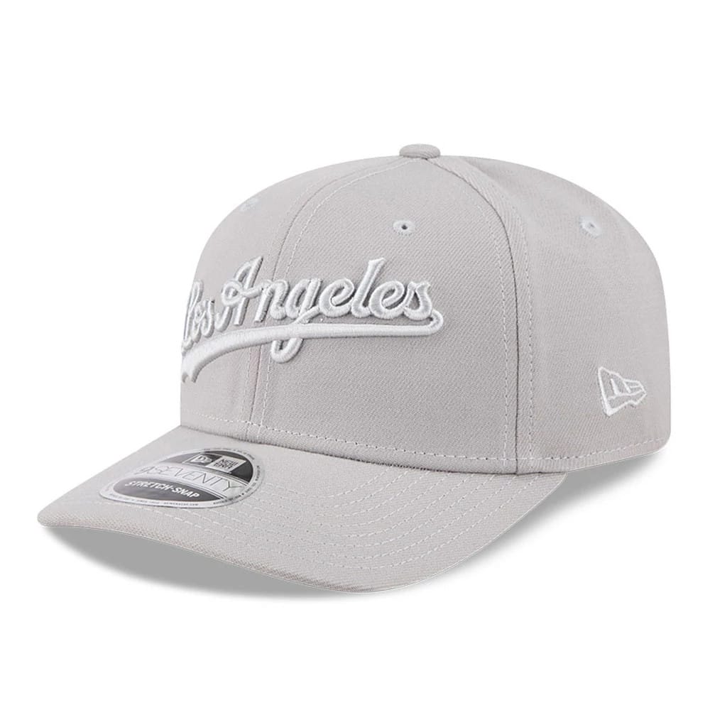 Pictured is this MLB Script LA Dodgers 9SEVENTY Stretch Snap cap in grey. 1