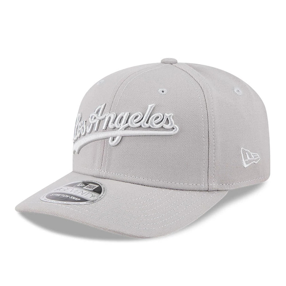 Pictured is this MLB Script LA Dodgers 9SEVENTY Stretch Snap cap in grey. 1