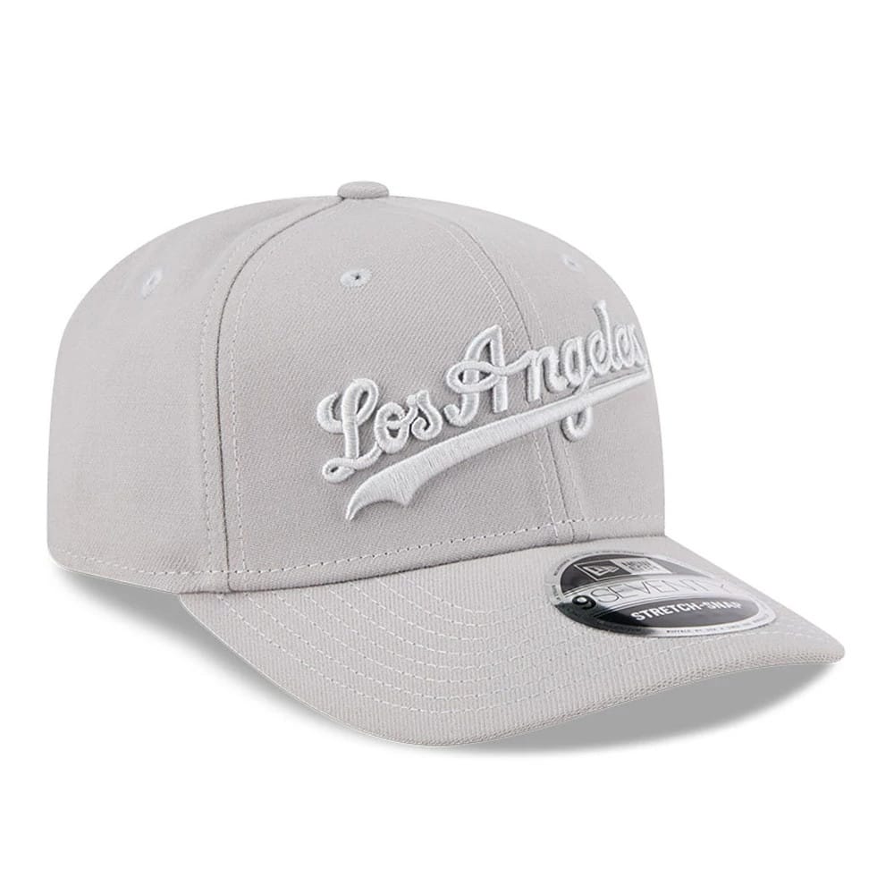 Pictured is this MLB Script LA Dodgers 9SEVENTY Stretch Snap cap in grey. 3