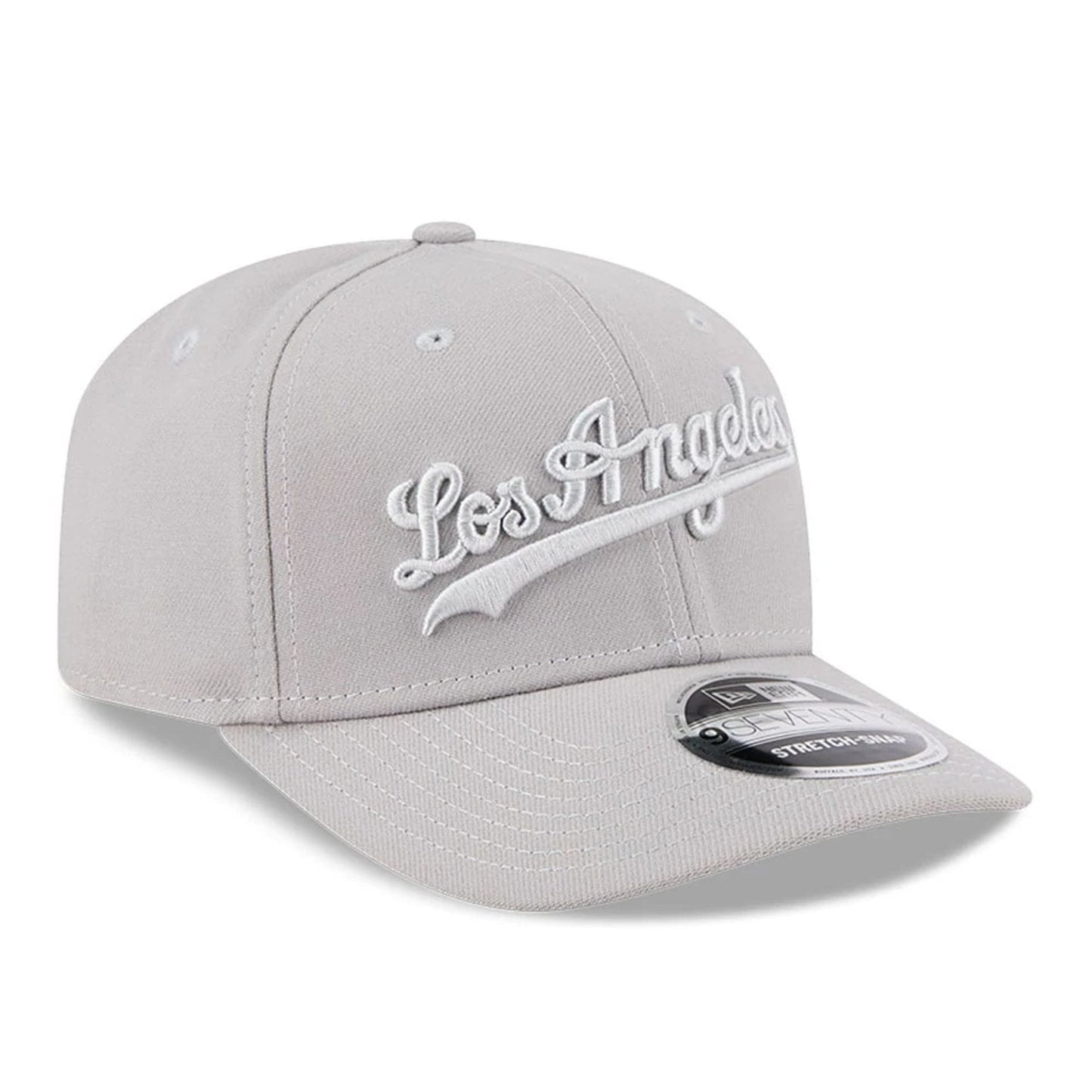 Pictured is this MLB Script LA Dodgers 9SEVENTY Stretch Snap cap in grey. 3