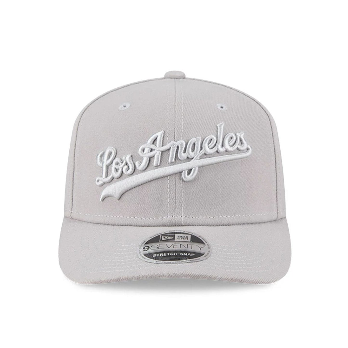 Pictured is this MLB Script LA Dodgers 9SEVENTY Stretch Snap cap in grey. 2