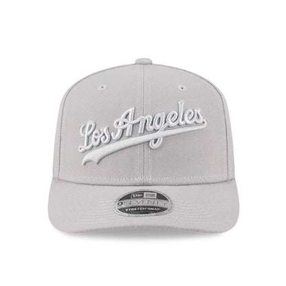 Pictured is this MLB Script LA Dodgers 9SEVENTY Stretch Snap cap in grey. 2