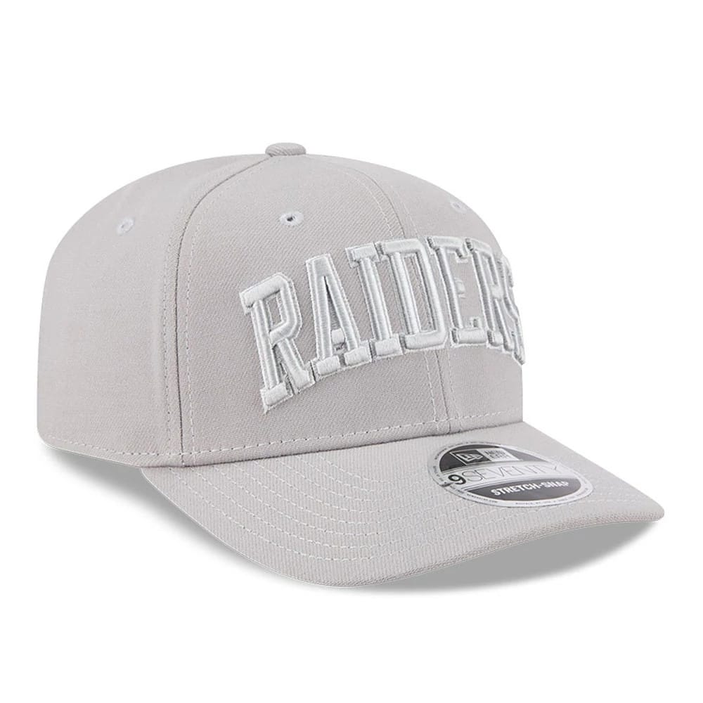 Pictured is this NFL Script Las Vegas Raiders 9SEVENTY Stretch Snap cap in grey. 3