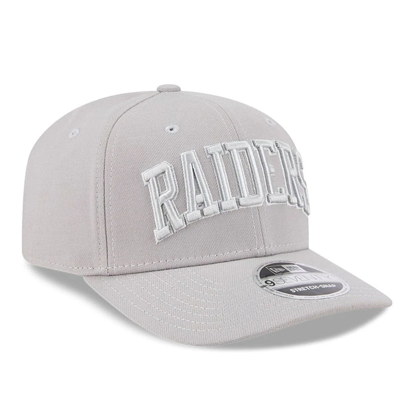 Pictured is this NFL Script Las Vegas Raiders 9SEVENTY Stretch Snap cap in grey. 3