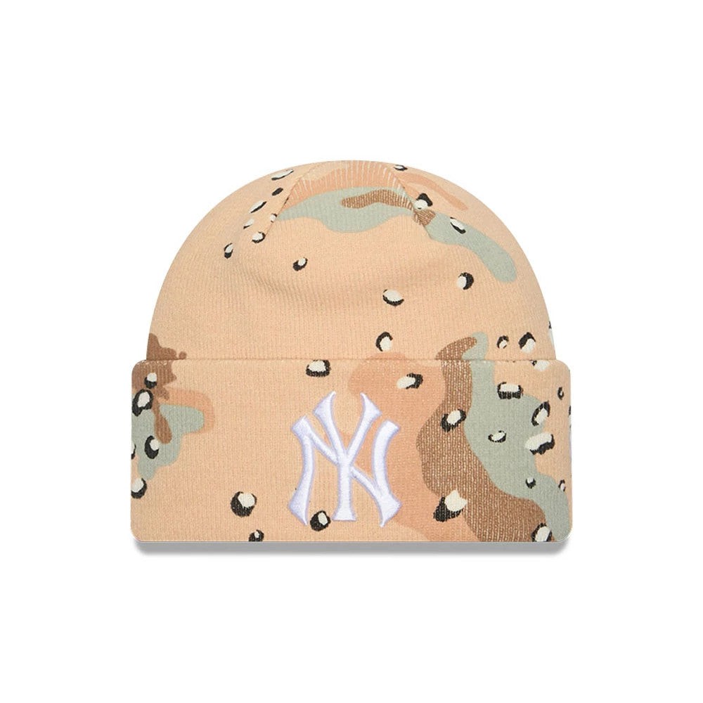 Pictured is this MLB Camo New York Yankees Cuff Knit Beanie cap in beige. 1