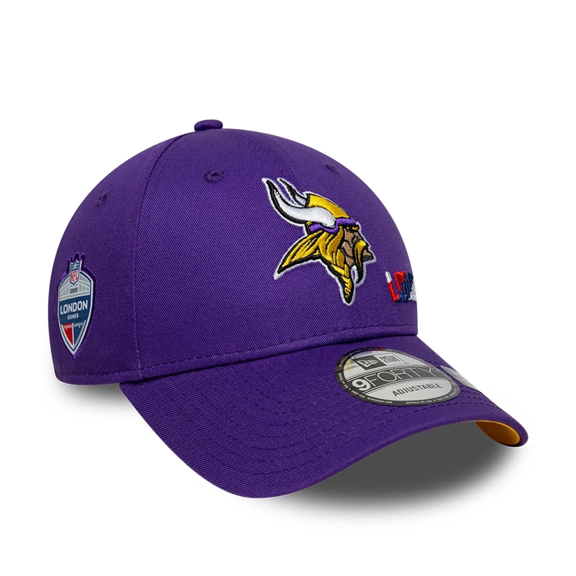 This is a Minnesota Vikings NFL International Series Games London 2025 Purple 9FORTY Adjustable Cap 1