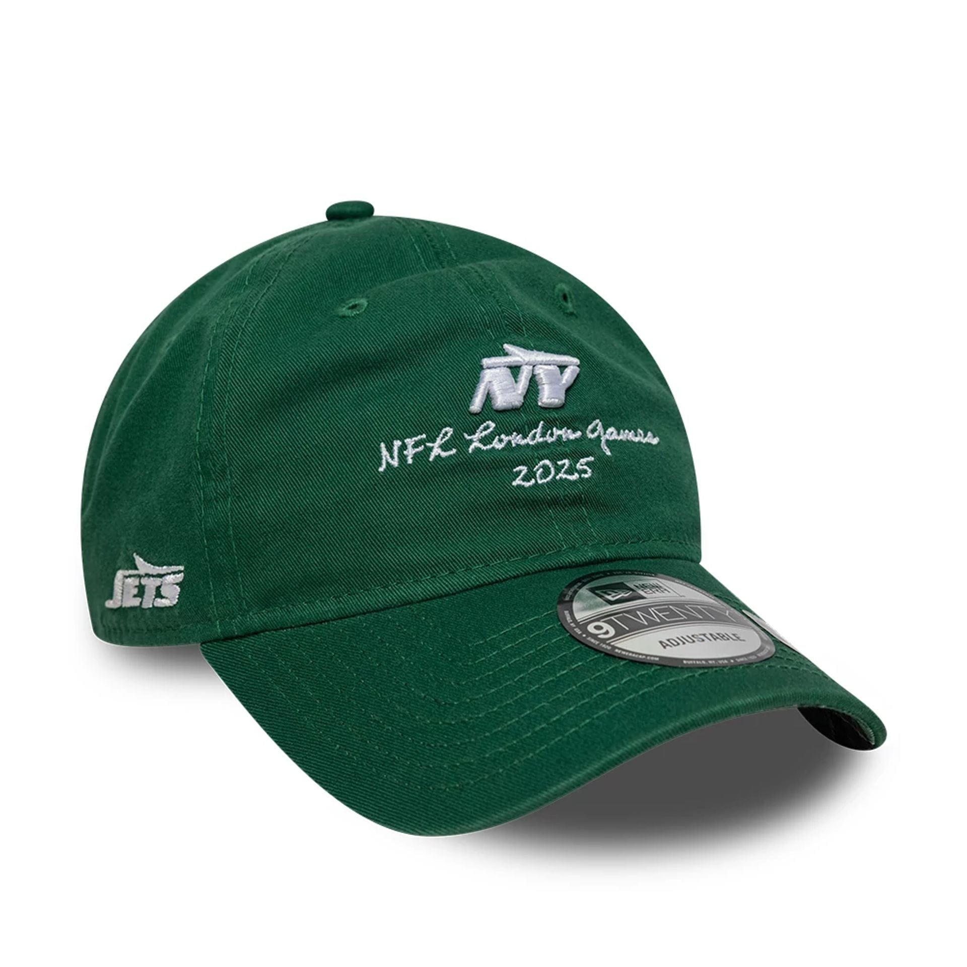 This is a New York Jets NFL International Series Games London 2025 Green 9TWENTY Adjustable Cap 1