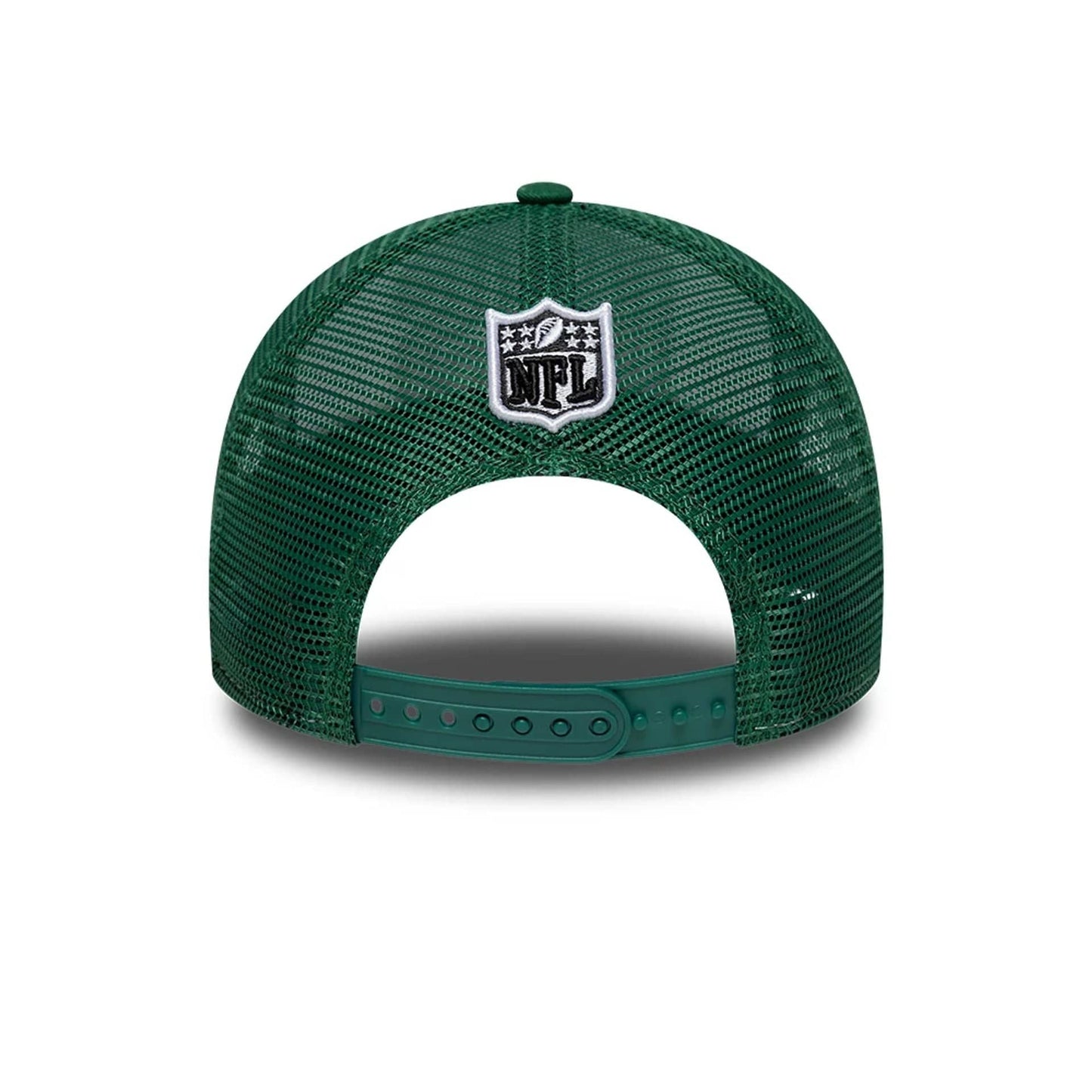 This is a New York Jets NFL International Series Games 2025 Green 9FORTY A-Frame Trucker Adjustable Cap 4