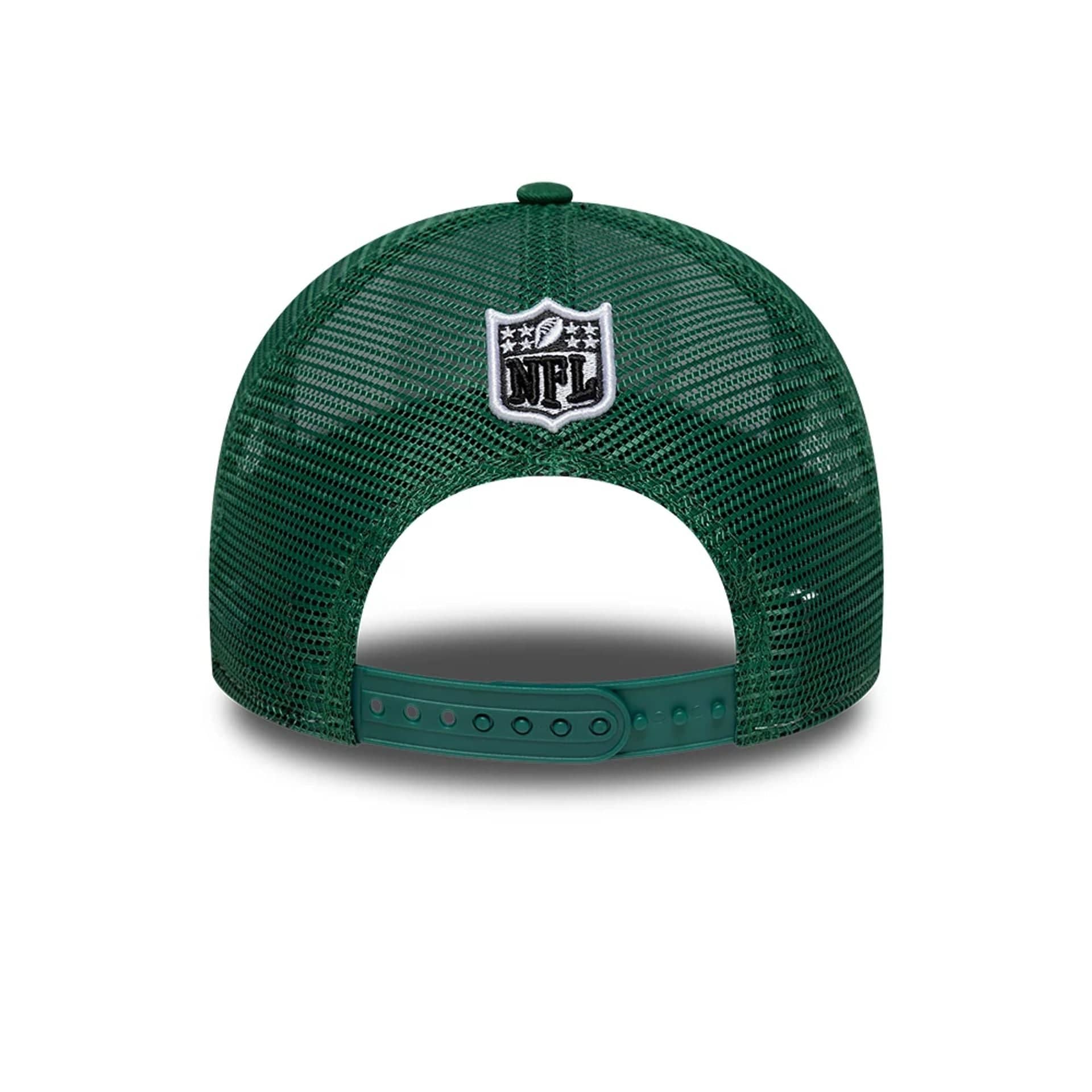 This is a New York Jets NFL International Series Games 2025 Green 9FORTY A-Frame Trucker Adjustable Cap 4
