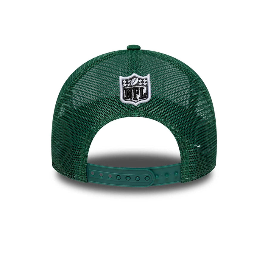 This is a New York Jets NFL International Series Games 2025 Green 9FORTY A-Frame Trucker Adjustable Cap 4