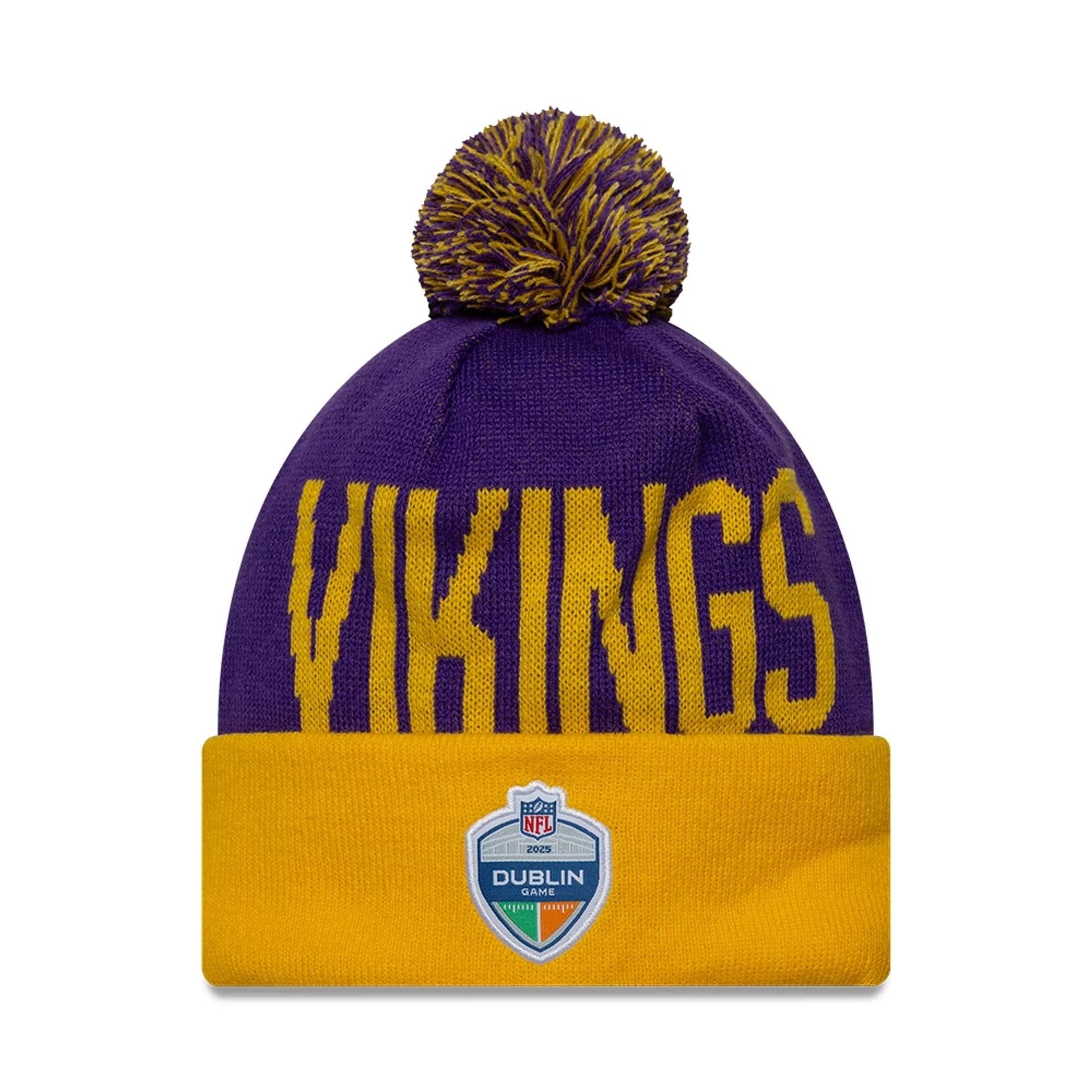 This is a Minnesota Vikings NFL International Series Games Dublin 2025 Purple Cuff knit Beanie Hat 2