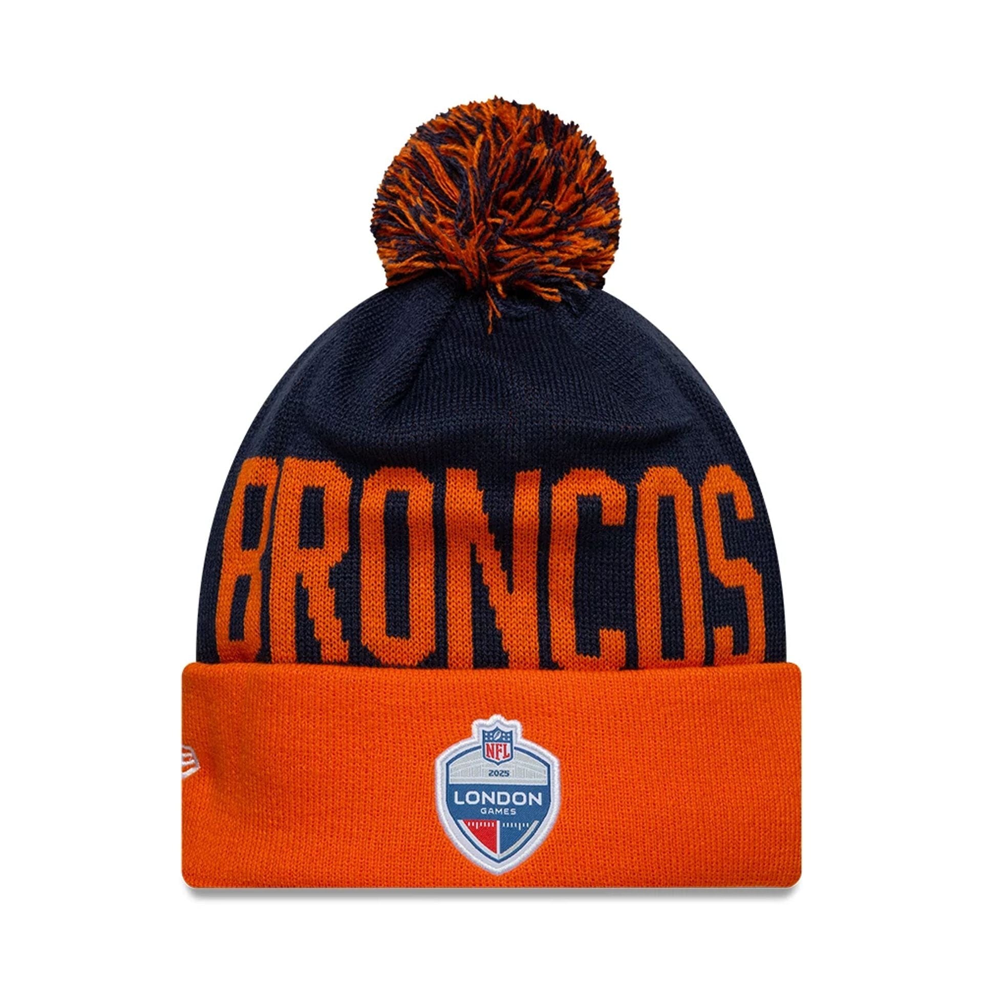 This is a Denver Broncos NFL International Series Games London 2025 Orange Cuff knit Beanie Hat 2