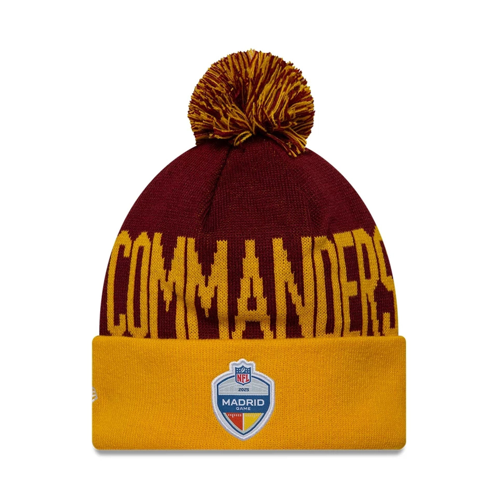 This is a Washington Commanders NFL International Series Games Madrid 2025 Dark Red Cuff knit Beanie Hat 2