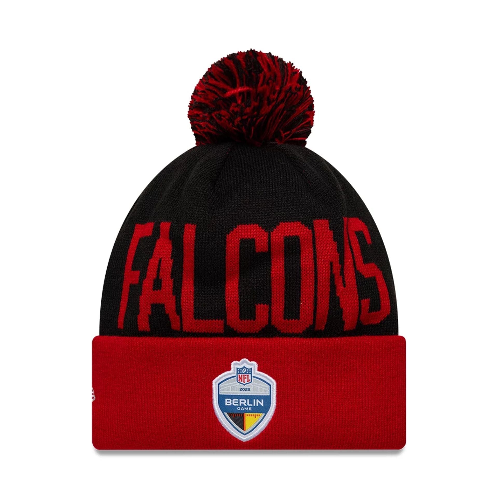 This is a Atlanta Falcons NFL International Series Games Berlin 2025 Black Cuff knit Beanie Hat 2