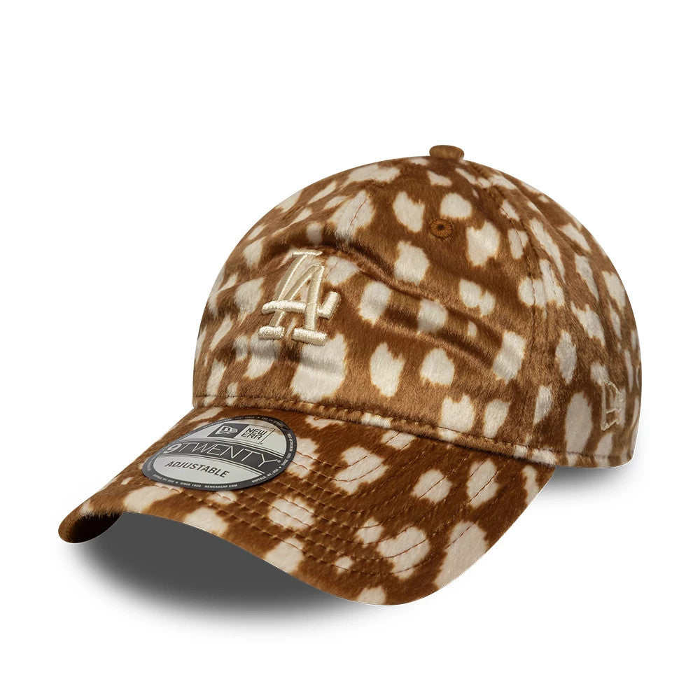 LA Dodgers Animal Print Dark Beige New Era 9TWENTY Adjustable Cap, three-quarter view showing the white embroidered LA logo on the front panel, a distinctive dark beige animal print design, and a 9TWENTY size sticker on the curved visor.