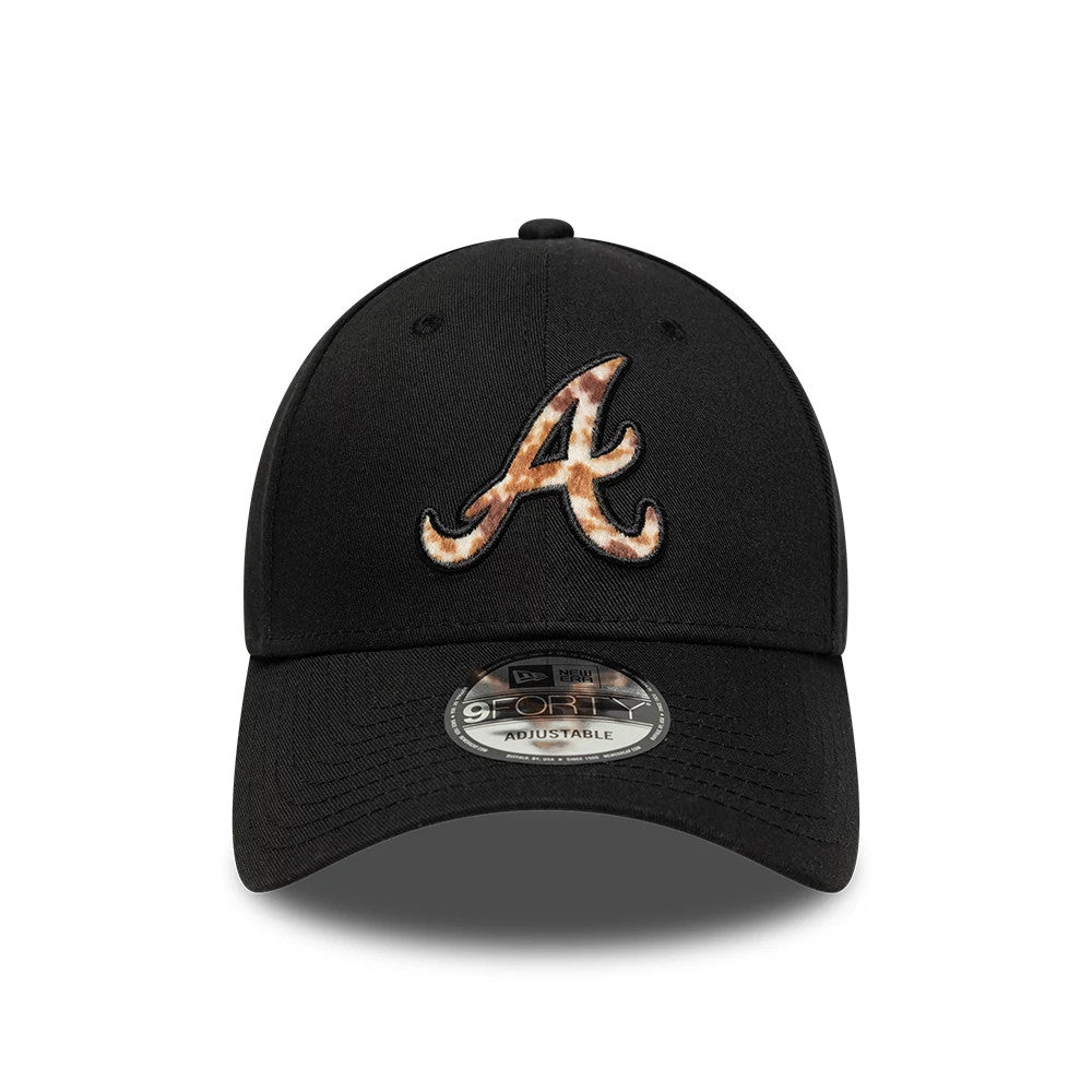 Atlanta Braves Animal Print Black New Era 9FORTY Adjustable Cap, front view showing a raised animal print embroidered A logo on the structured black crown, with a black curved visor and 9FORTY size sticker.