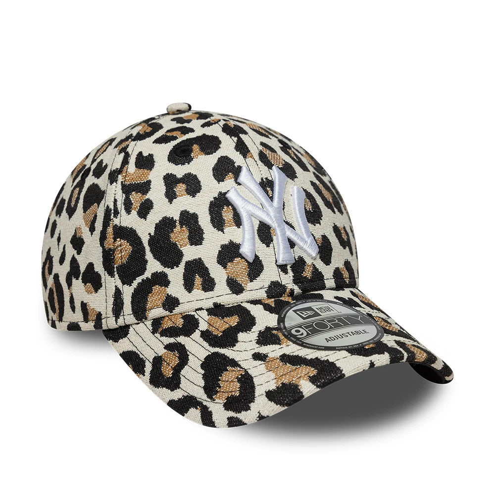 New York Yankees MLB Leopard Black New Era 9FORTY Adjustable Cap, three-quarter view showing the raised white embroidered NY logo on the leopard print crown and matching visor with a 9FORTY size sticker.
