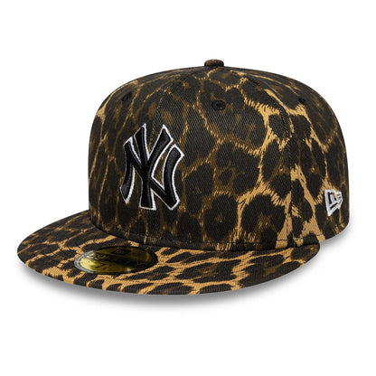 New York Yankees MLB Core Leopard Black New Era 59FIFTY Fitted Cap, three-quarter view showing the white-outlined black NY logo in raised embroidery on a leopard-patterned crown, with a gold 59FIFTY size sticker on the matching flat visor.