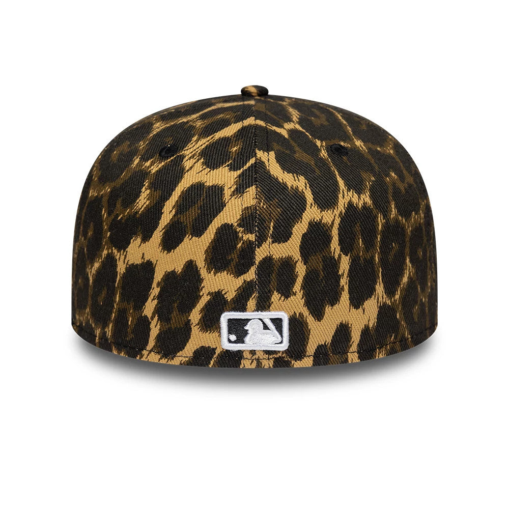 New York Yankees MLB Core Leopard Black New Era 59FIFTY Fitted Cap, rear view showing the white embroidered MLB Batterman logo centred at the back, with an all-over leopard print pattern on the black structured crown.