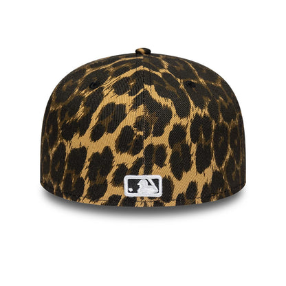 New York Yankees MLB Core Leopard Black New Era 59FIFTY Fitted Cap, rear view showing the white embroidered MLB Batterman logo centred at the back, with an all-over leopard print pattern on the black structured crown.