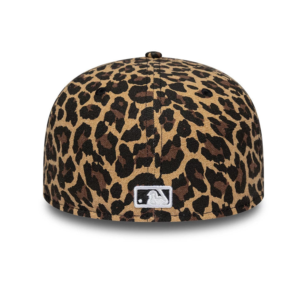 New York Yankees MLB Leopard Black New Era 59FIFTY Fitted Cap, rear view showing the white embroidered MLB Batterman logo at the centre of the back panels, with a leopard print design covering the entire crown.