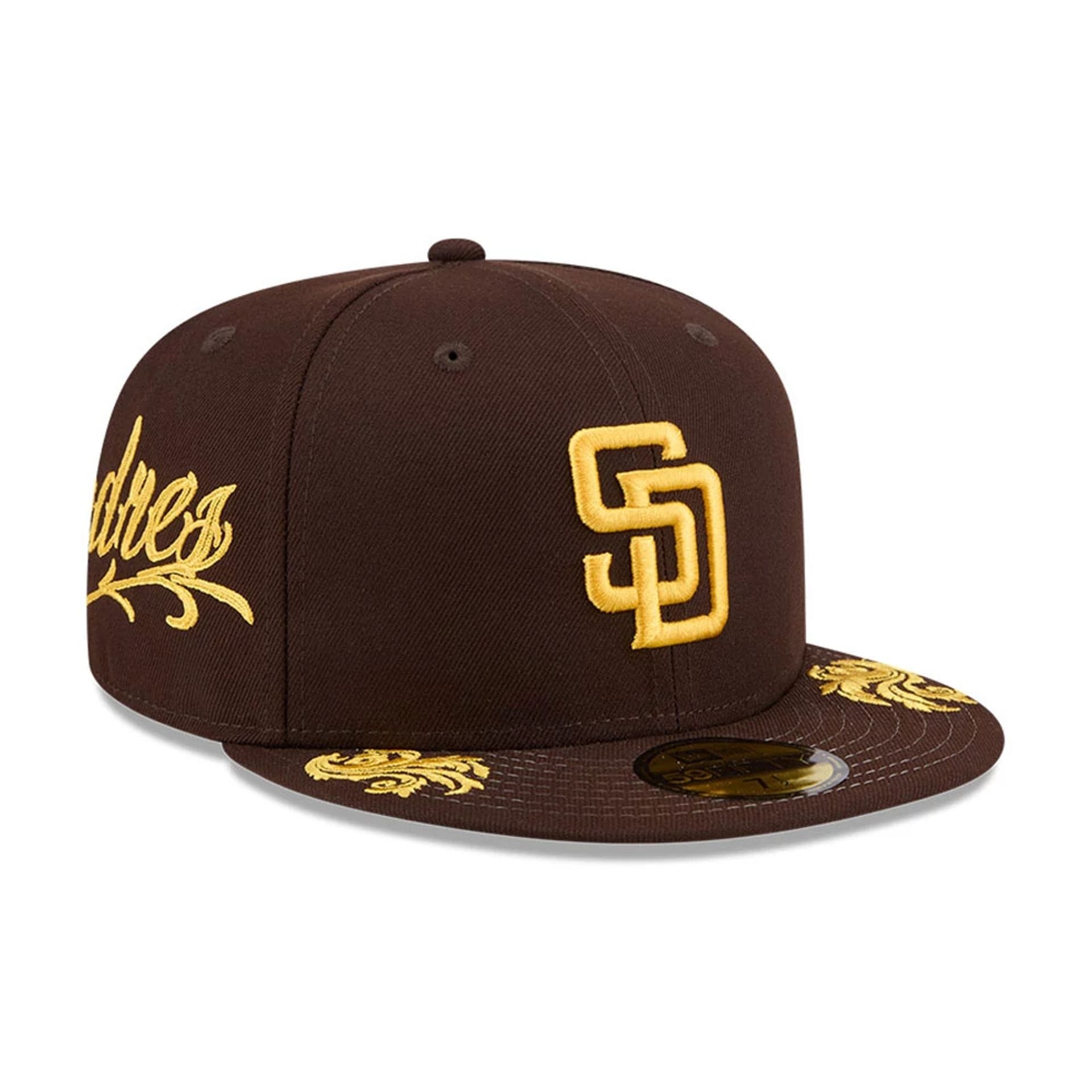 Pictured is this MLB Script San Diego Padres 59FIFTY Fitted cap in dark brown. 1
