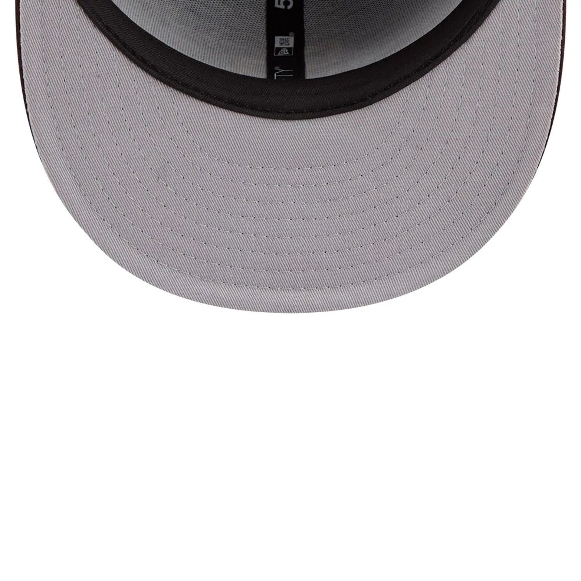 Pictured is this MLB Script San Diego Padres 59FIFTY Fitted cap in dark brown. 2