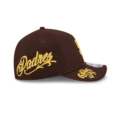Pictured is this MLB Script San Diego Padres 9FORTY M-Crown A-Frame Adjustable cap in dark brown. 4