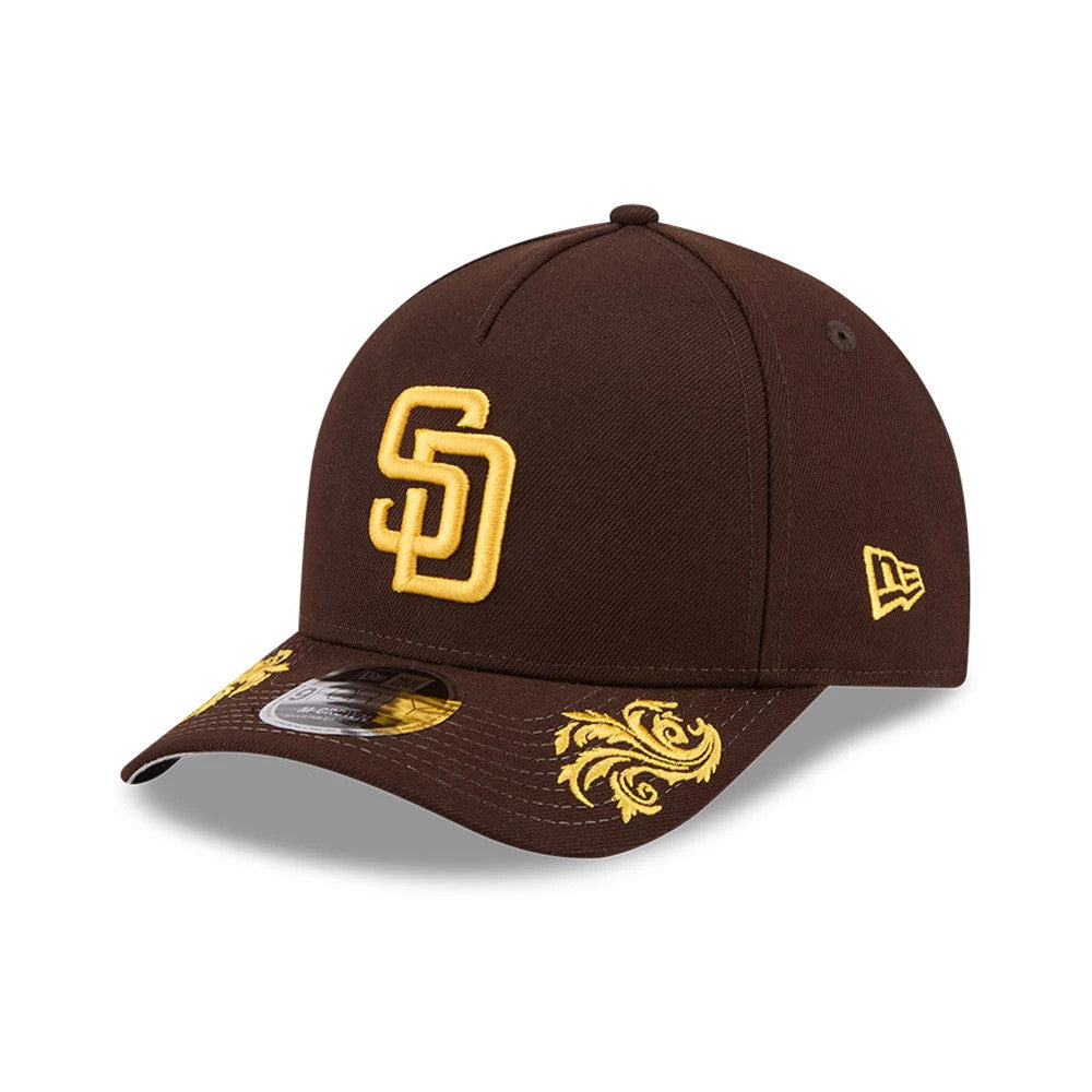Pictured is this MLB Script San Diego Padres 9FORTY M-Crown A-Frame Adjustable cap in dark brown. 5