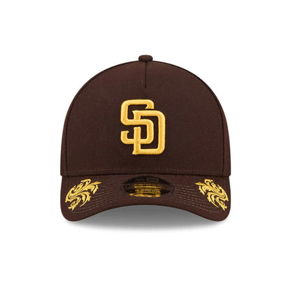 Pictured is this MLB Script San Diego Padres 9FORTY M-Crown A-Frame Adjustable cap in dark brown. 6