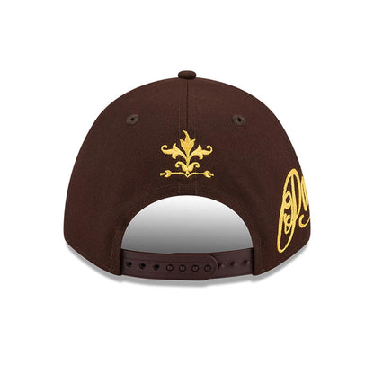 Pictured is this MLB Script San Diego Padres 9FORTY M-Crown A-Frame Adjustable cap in dark brown. 3