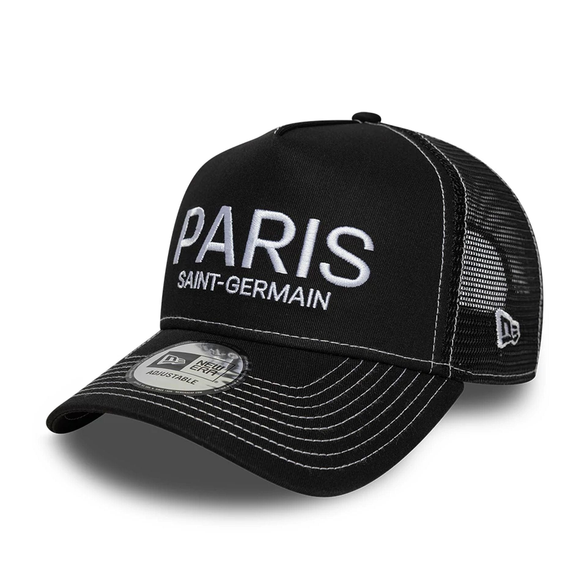 Pictured is this Pop Stitch Paris Saint Germain 9FORTY E-Frame Trucker cap in black. 1