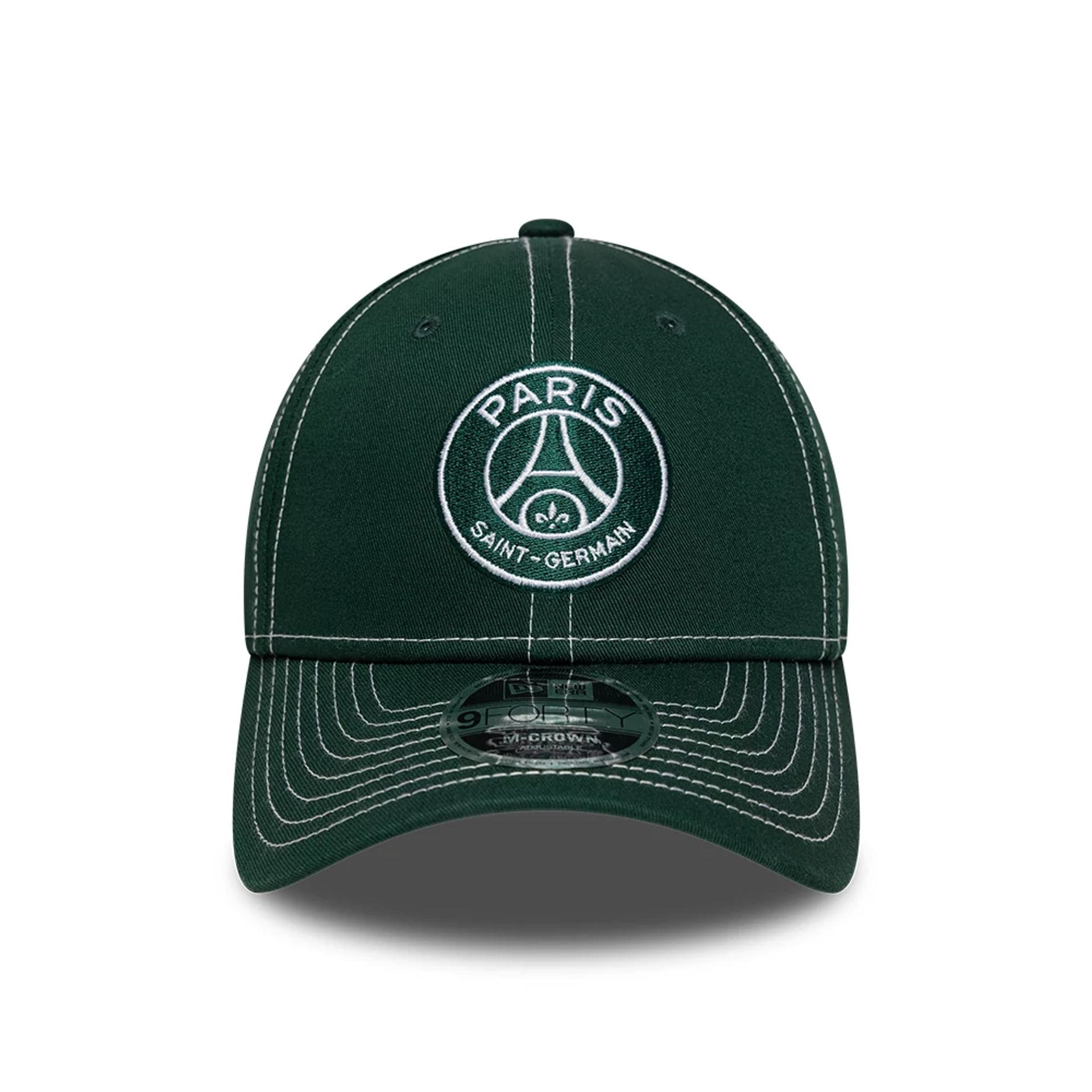 Pictured is this Pop Stitch Paris Saint Germain 9FORTY M-Crown cap in dark green. 2