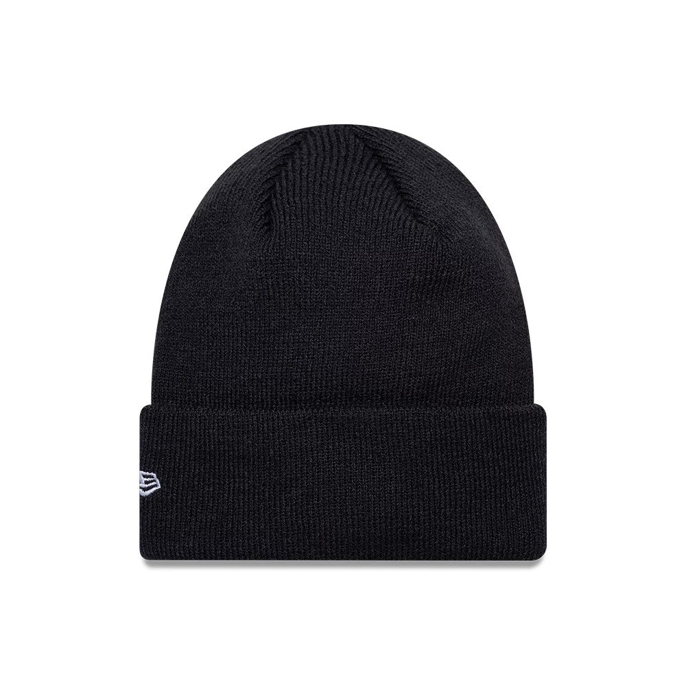 New Era FC Barcelona Youth Core Navy Cuff knit Beanie Hat, front view showing the New Era flag logo embroidered in white on the left side of the navy cuff, with a ribbed knitted texture on the crown.