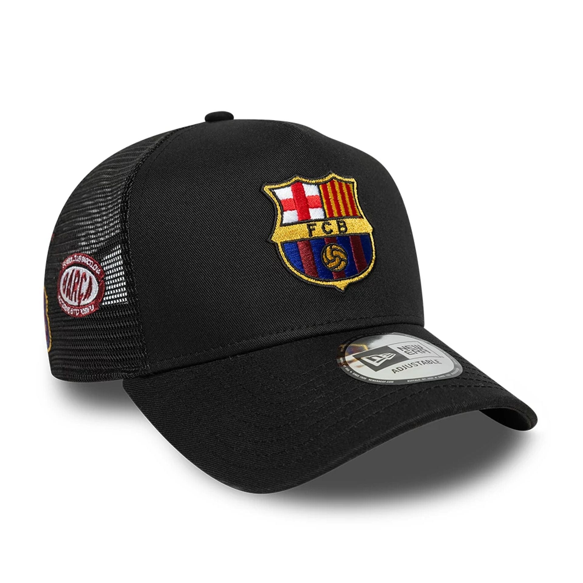 This is a FC Barcelona Patch Black 9FORTY A-Frame Trucker Adjustable Cap 1