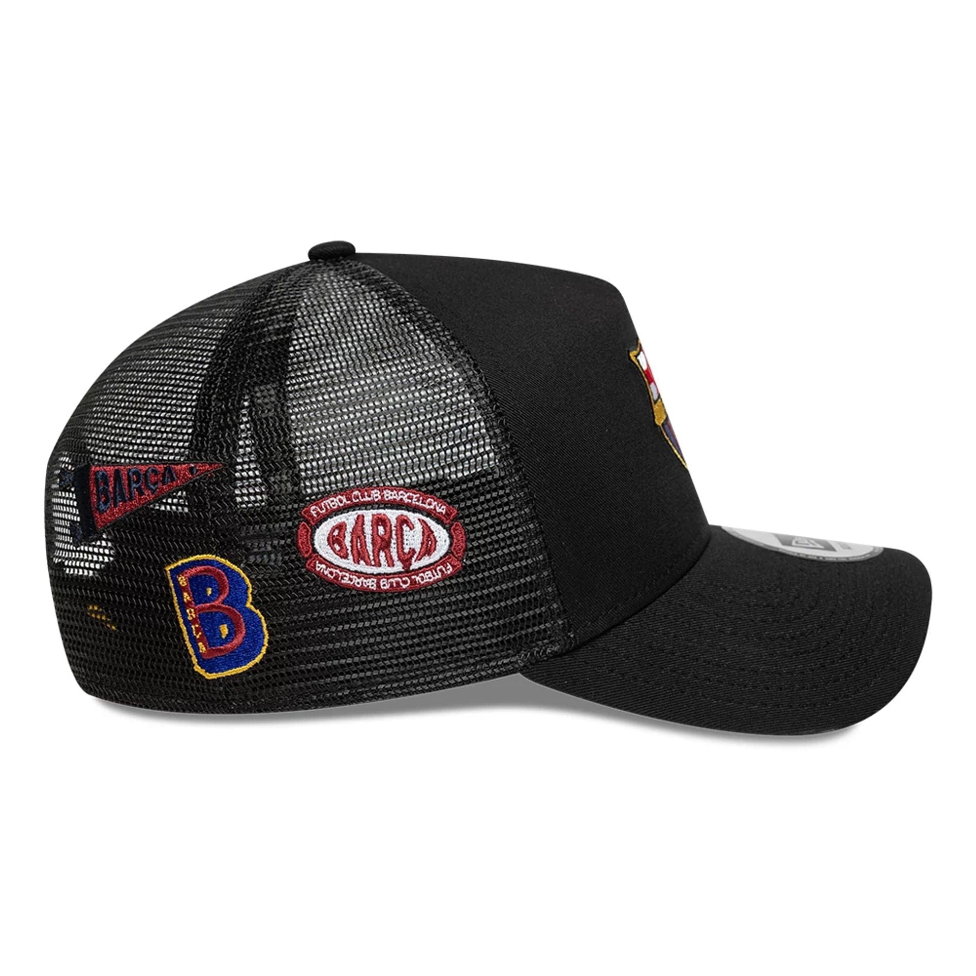 This is a FC Barcelona Patch Black 9FORTY A-Frame Trucker Adjustable Cap 4