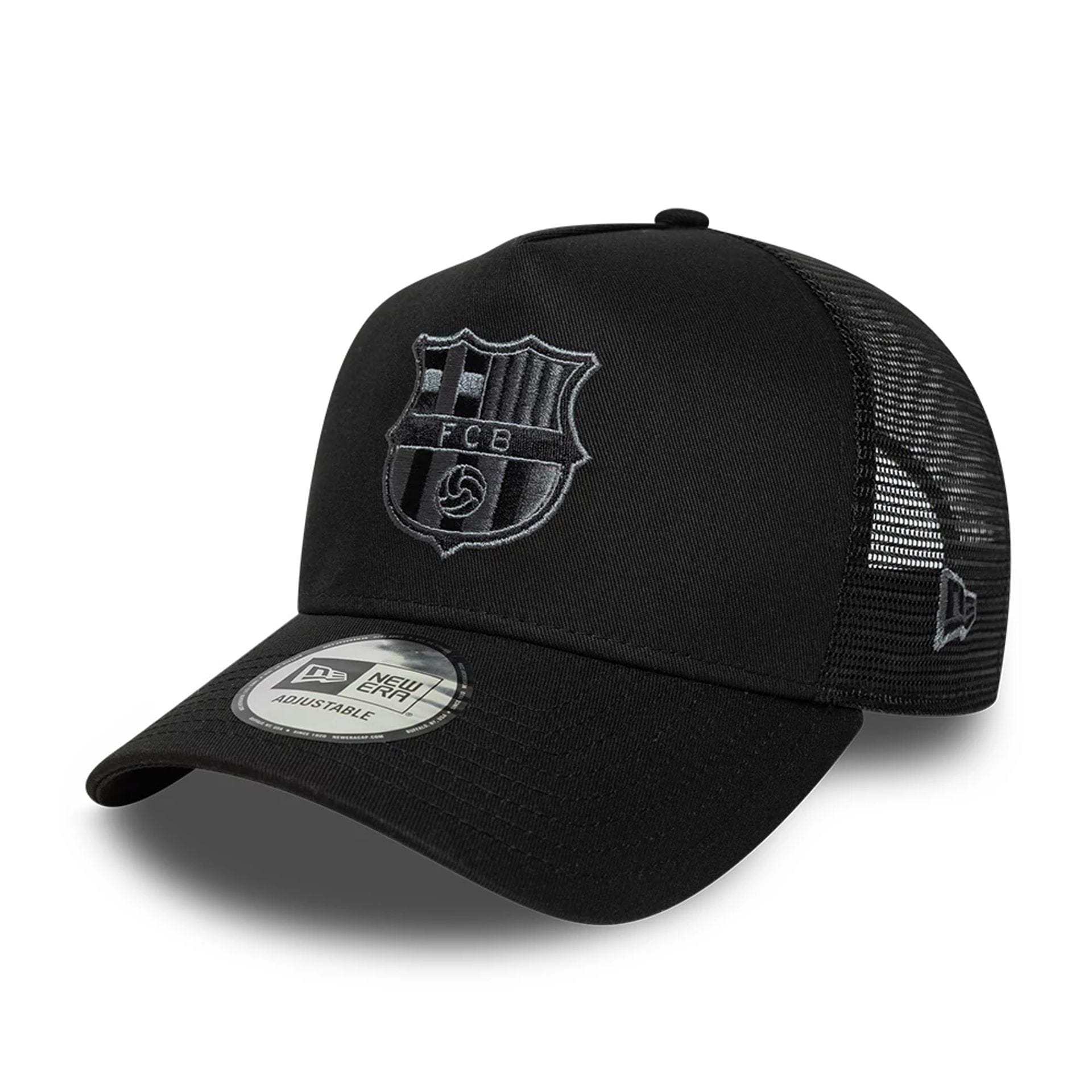 This is a FC Barcelona Tonal Black 9FORTY A-Frame Trucker Adjustable Cap 1