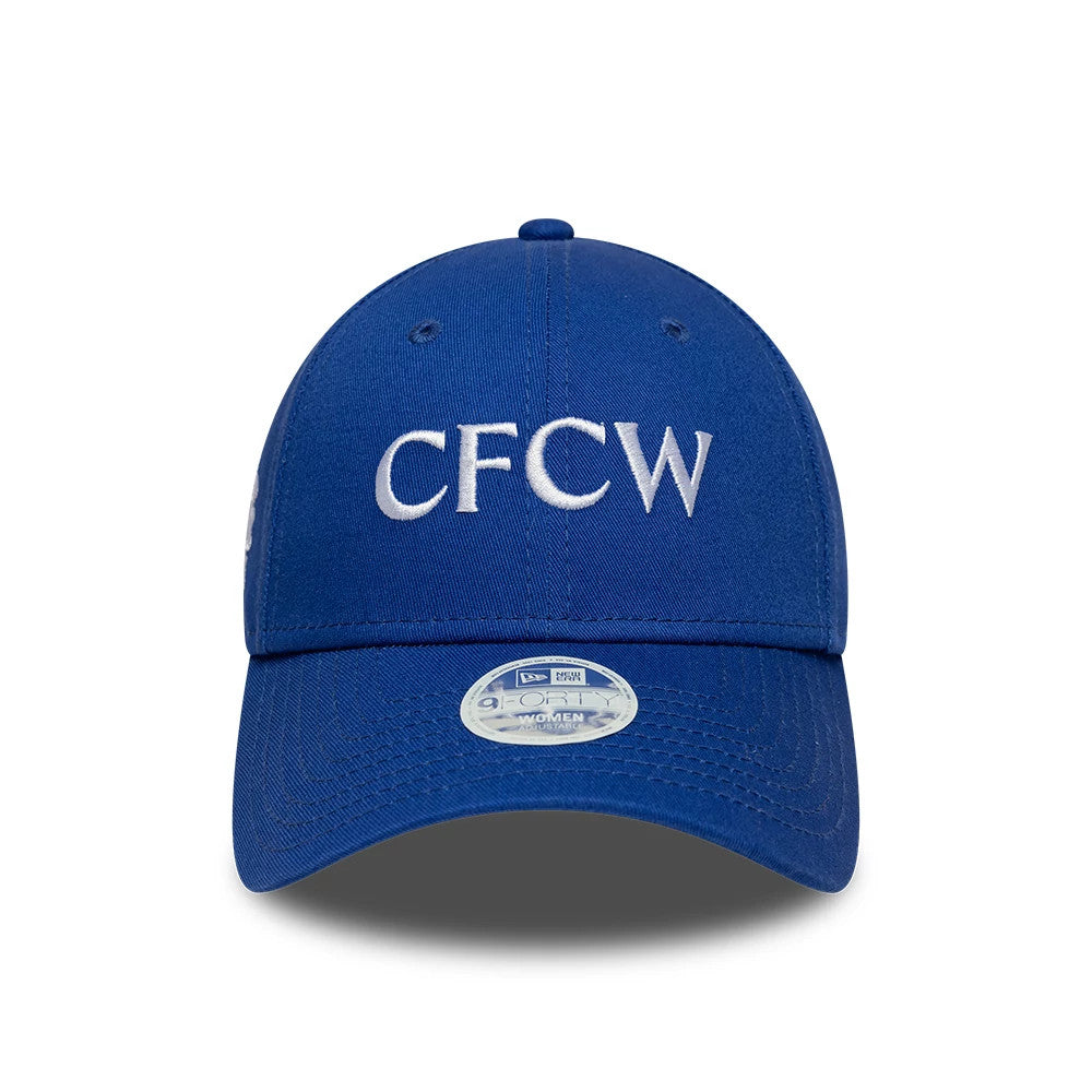 Chelsea FC Womens Core Blue New Era 9FORTY Cap, front view showing raised white embroidered CFCW lettering on the structured blue crown, with a curved visor and a 9FORTY size sticker.
