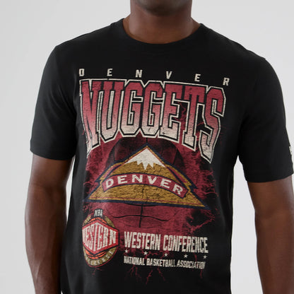 New Era Denver Nuggets NBA Hardwood Classic Black T-Shirt, front view showing the large distressed graphic with red and white Nuggets lettering above a basketball and mountain design, with additional Western Conference and NBA logos printed below.
