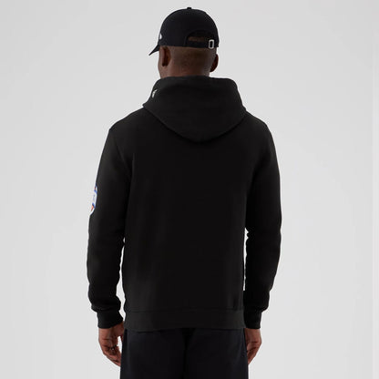 The model is wearing this NBA Hardwood Classic Chicago Bulls Pullover Hoodie in black. 2