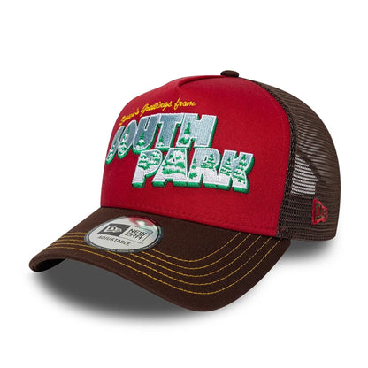 Pictured is this Comedy Central South Park 9FORTY A-Frame Trucker cap in dark red. 3